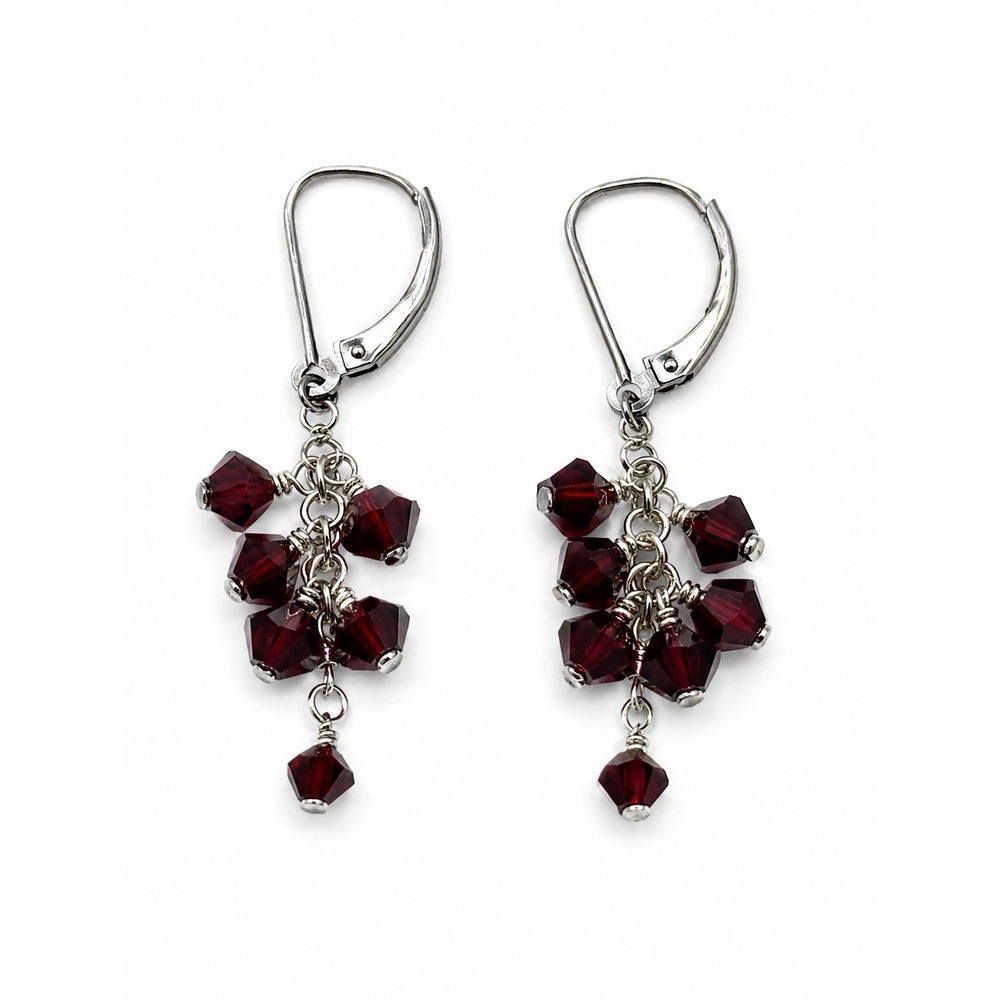 925 Sterling Silver Garnet Red Crystal Cluster Dangle Leverback Earrings